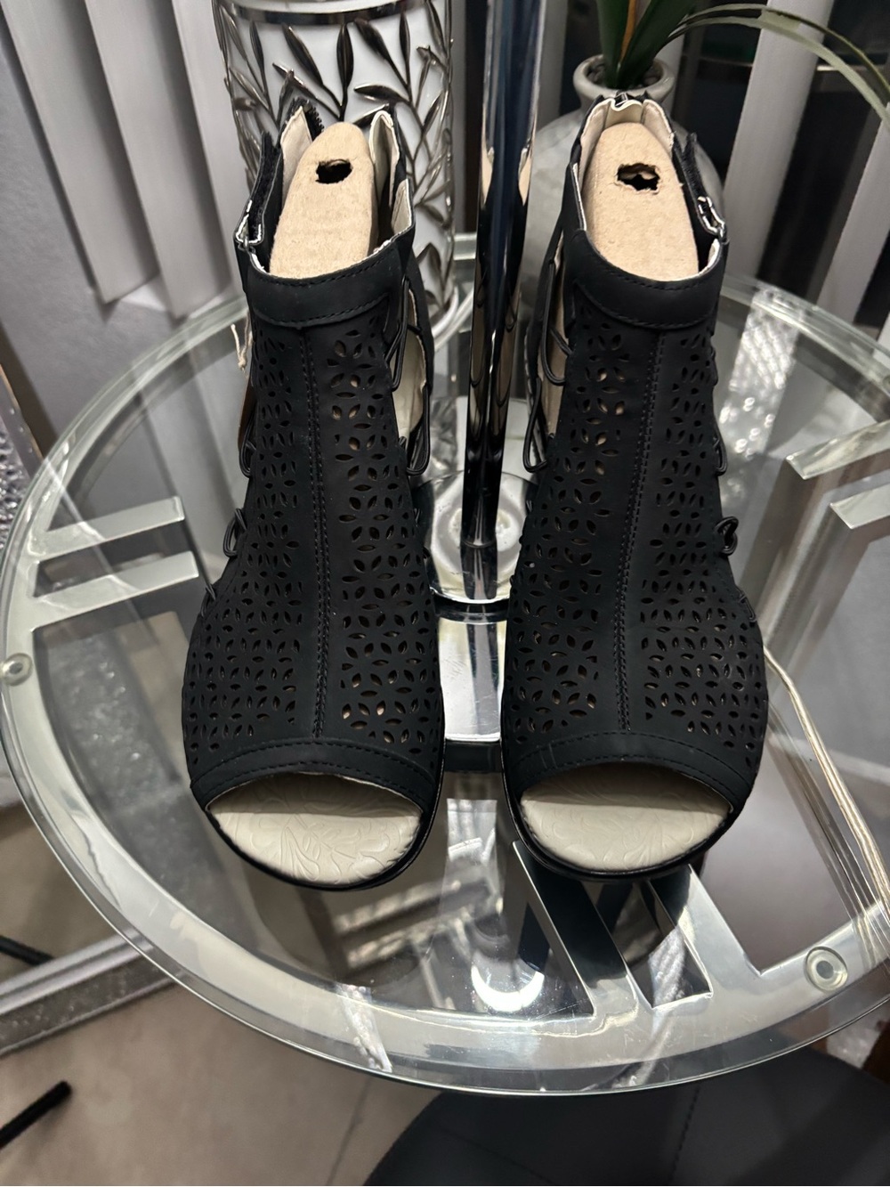 Jambu Black Laser-Cut Peep-Toe Ankle Heels